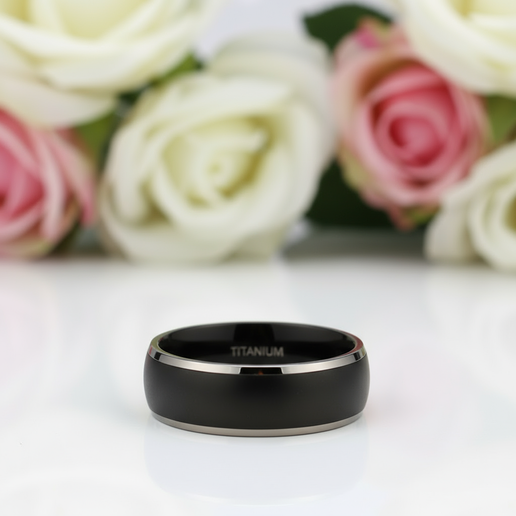 Men's Matte Black Dome Titanium Wedding Band-Black Diamonds New York