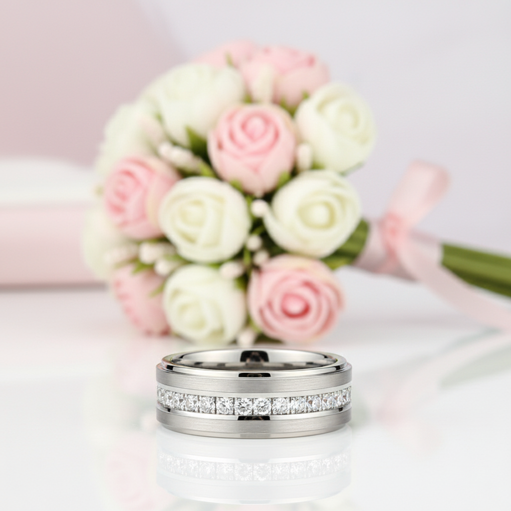 Men's Tungsten Carbide 8mm Wedding Band-Black Diamonds New York