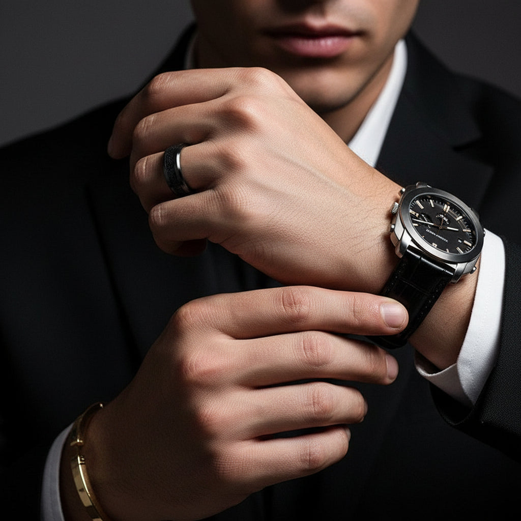 Tungsten Carbide Wedding Band with Sandstone Inlay-Black Diamonds New York