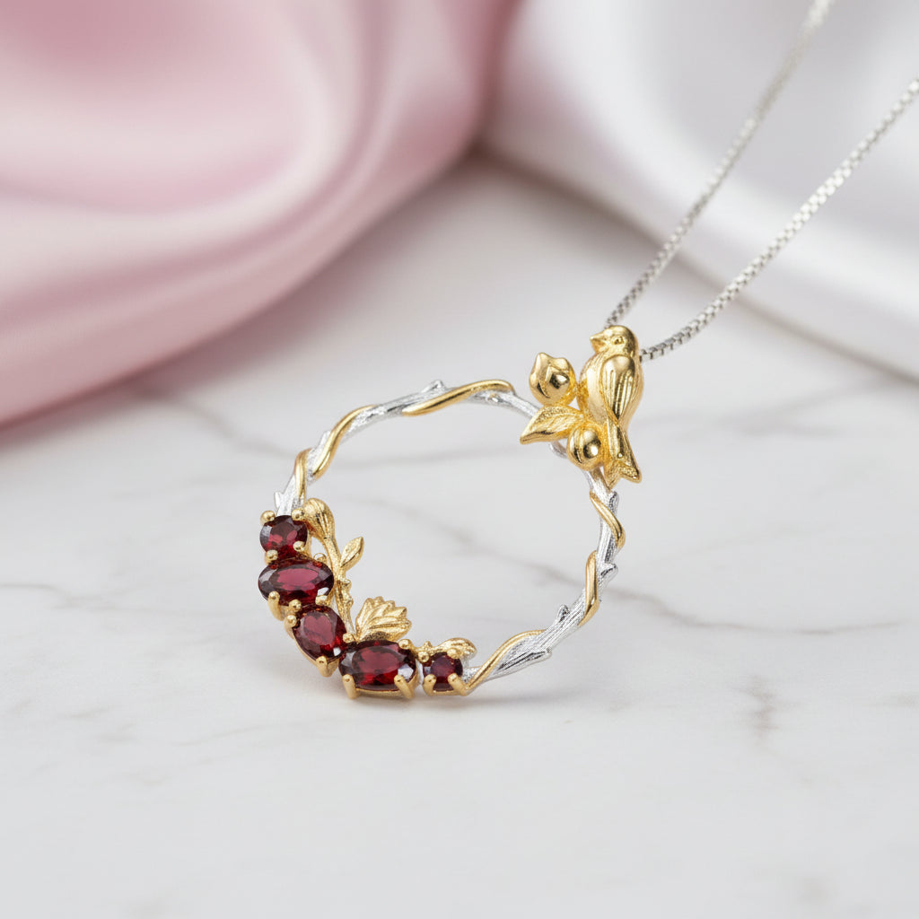 Red Garnet Handmade Secret Garden Necklace-Black Diamonds New York
