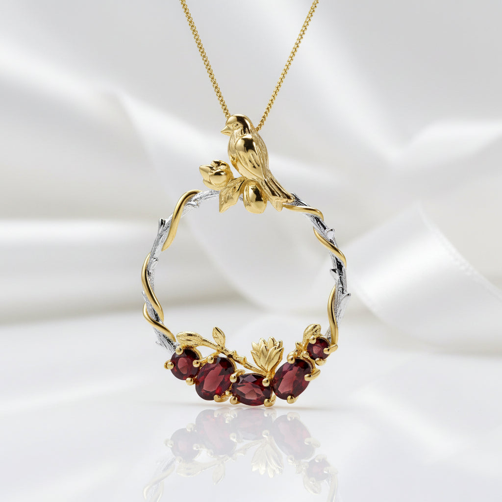 Red Garnet Handmade Secret Garden Necklace-Black Diamonds New York