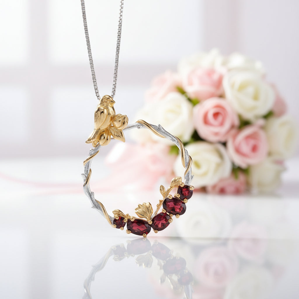Red Garnet Handmade Secret Garden Necklace-Black Diamonds New York