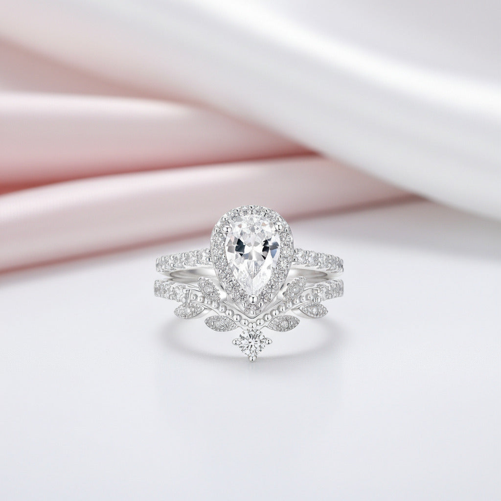 Pear Cut Diamond Option Leaf Engagement Ring Set-Black Diamonds New York