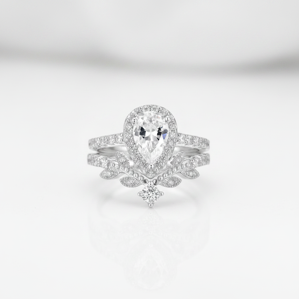 Pear Cut Diamond Option Leaf Engagement Ring Set-Black Diamonds New York