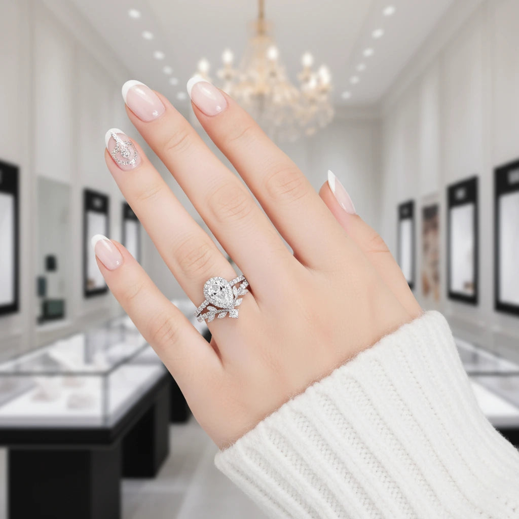 Pear Cut Diamond Option Leaf Engagement Ring Set-Black Diamonds New York