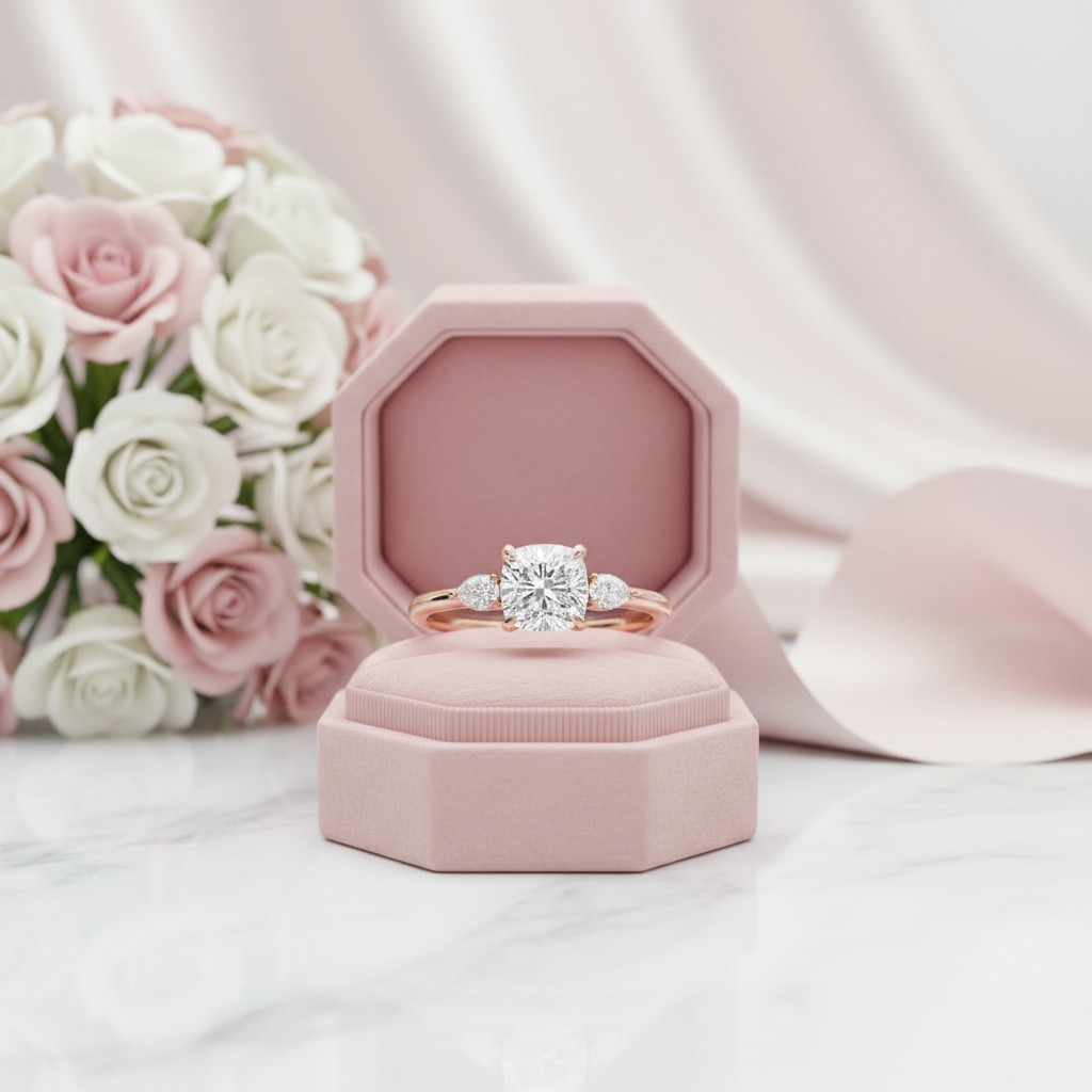Rose Gold 2.0ct Cushion Cut Three Stone Diamond Option Engagement Ring-Black Diamonds New York