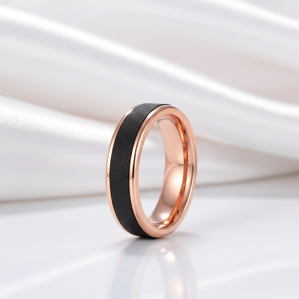 Rose Gold Tungsten Wedding Band with Sandstone Wedding Band-Black Diamonds New York