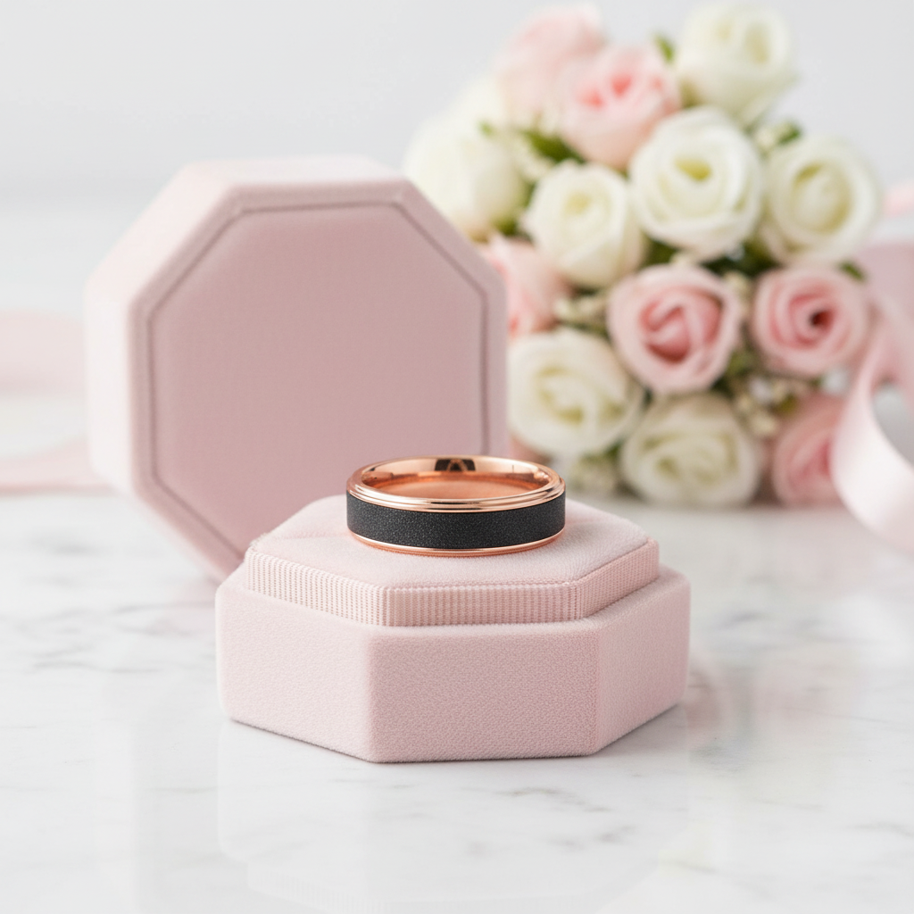 Rose Gold Tungsten Wedding Band with Sandstone Wedding Band-Black Diamonds New York