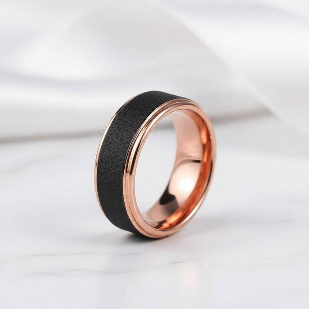 Rose Gold Tungsten Wedding Band with Sandstone Wedding Band-Black Diamonds New York