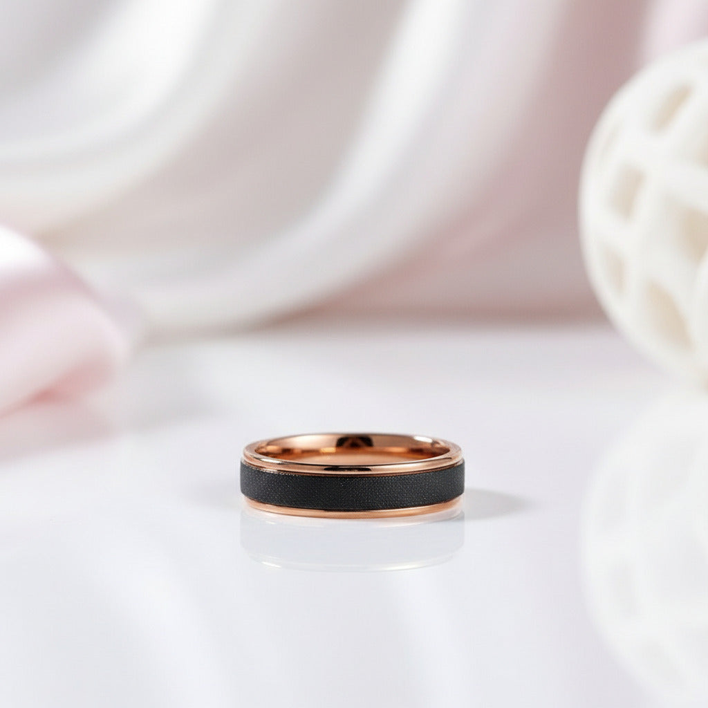 Rose Gold Tungsten Wedding Band with Sandstone Wedding Band-Black Diamonds New York
