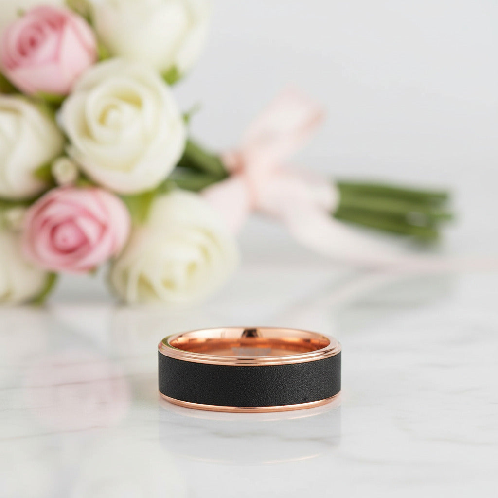 Rose Gold Tungsten Wedding Band with Sandstone Wedding Band-Black Diamonds New York