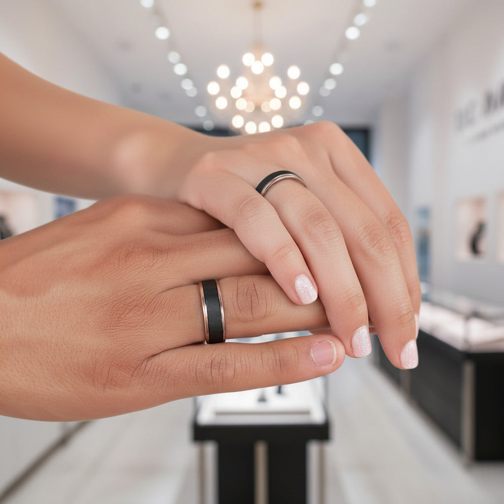 Rose Gold Tungsten Wedding Band with Sandstone Wedding Band-Black Diamonds New York