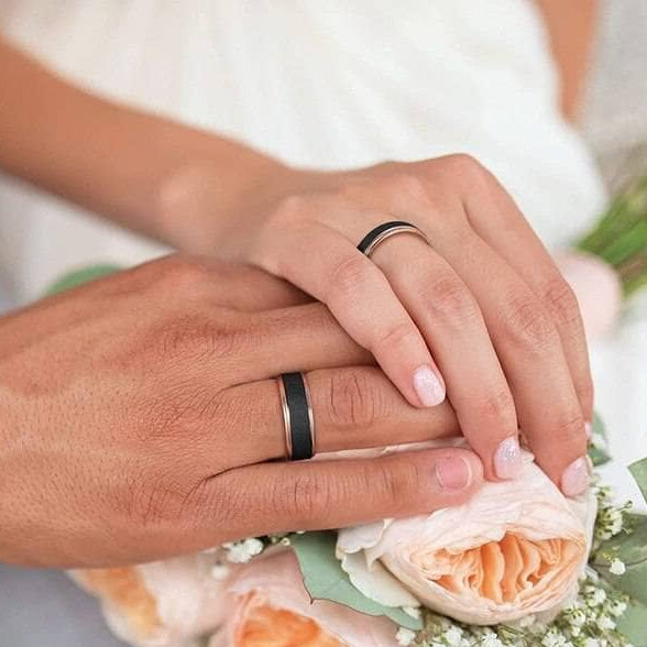 Rose Gold Tungsten Wedding Band with Sandstone Wedding Band-Black Diamonds New York