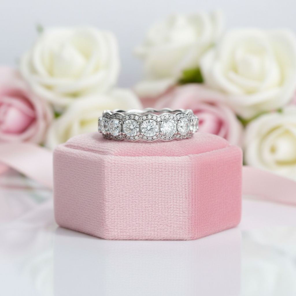 Round Cut Diamond Option Eternity Halo Ring Band-Black Diamonds New York