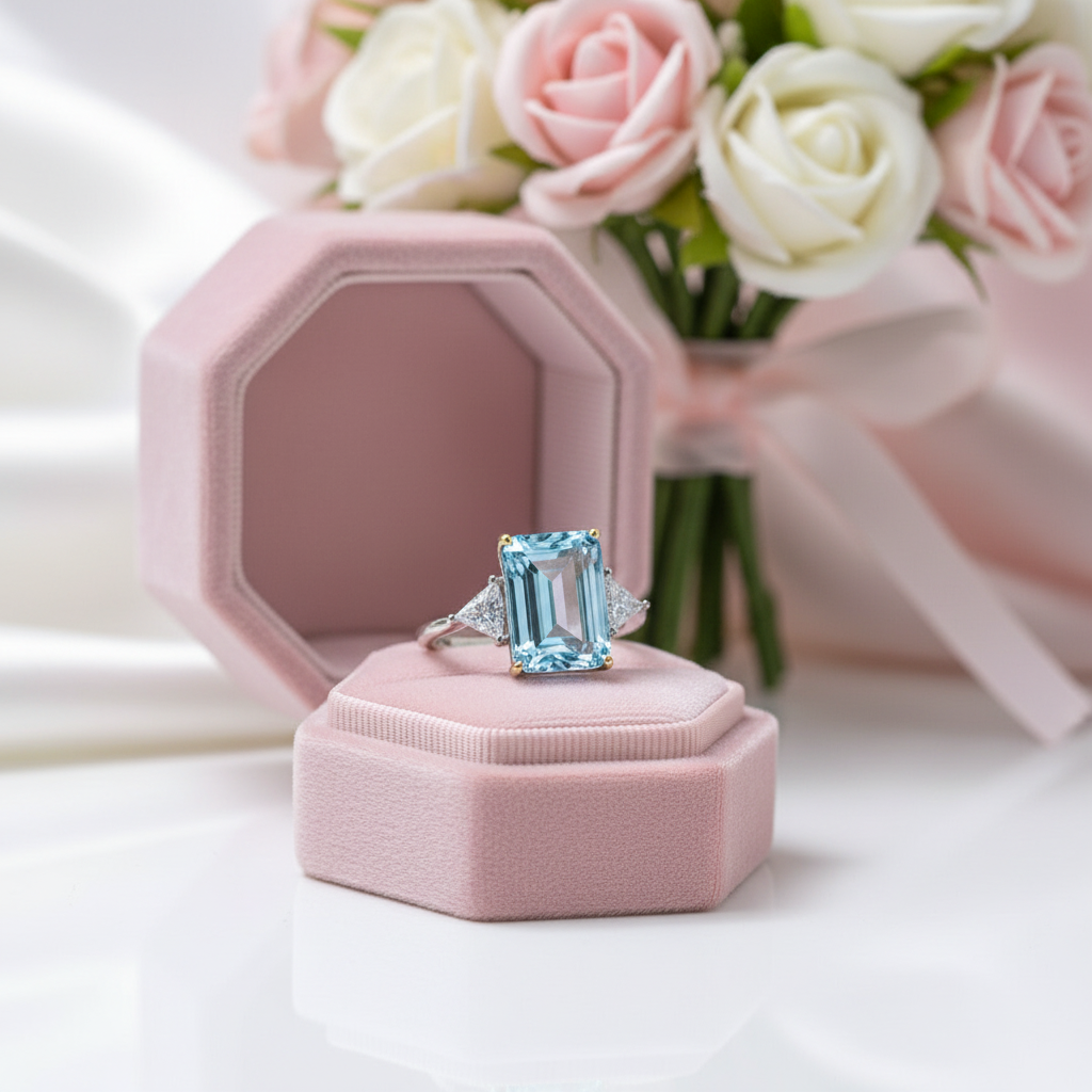 Sky Blue Simulated Diamond Option in Emerald Cut Three Stone Engagement Ring-Black Diamonds New York