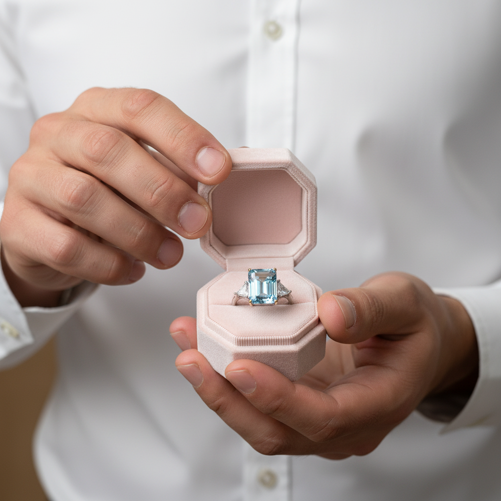 Sky Blue Simulated Diamond Option in Emerald Cut Three Stone Engagement Ring-Black Diamonds New York