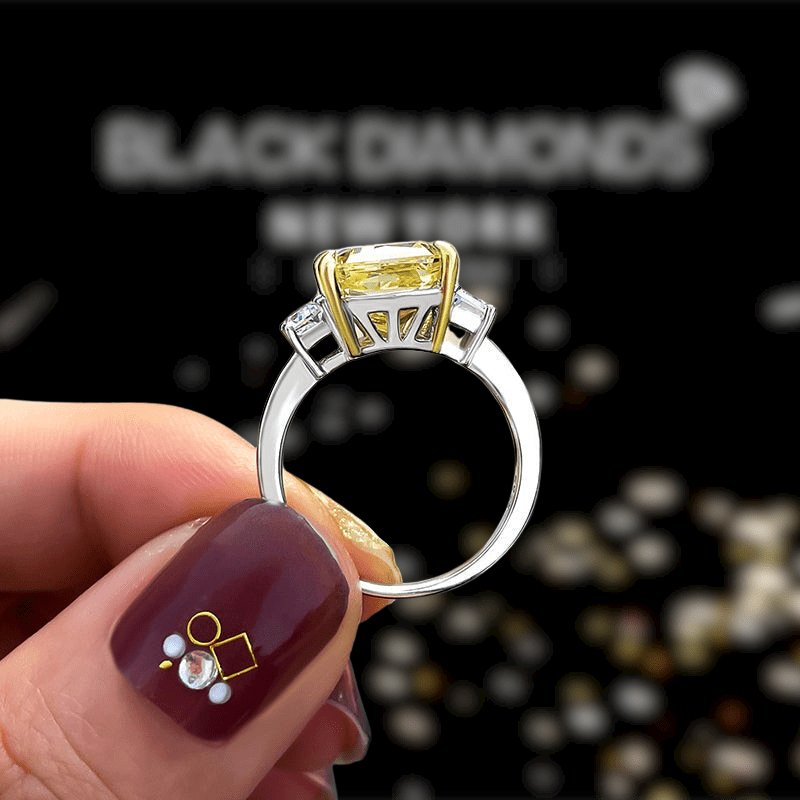 VIP Dream Ring Upgrade- Three Yellow Stone Certified Moissanite Radiant Cut Engagement Ring-Black Diamonds New York