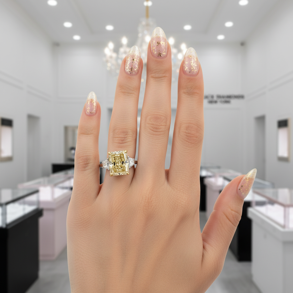 Three Stone Yellow Diamond Radiant Cut Engagement Ring-Black Diamonds New York