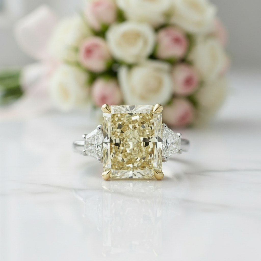 Three Stone Yellow Diamond Radiant Cut Engagement Ring-Black Diamonds New York
