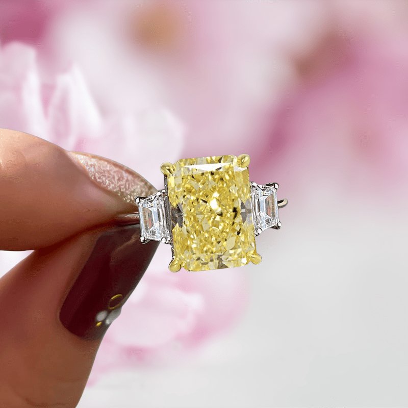 VIP MH Dream Ring Upgrade- Three Yellow Stone Certified Moissanite Radiant Cut Engagement Ring-Black Diamonds New York