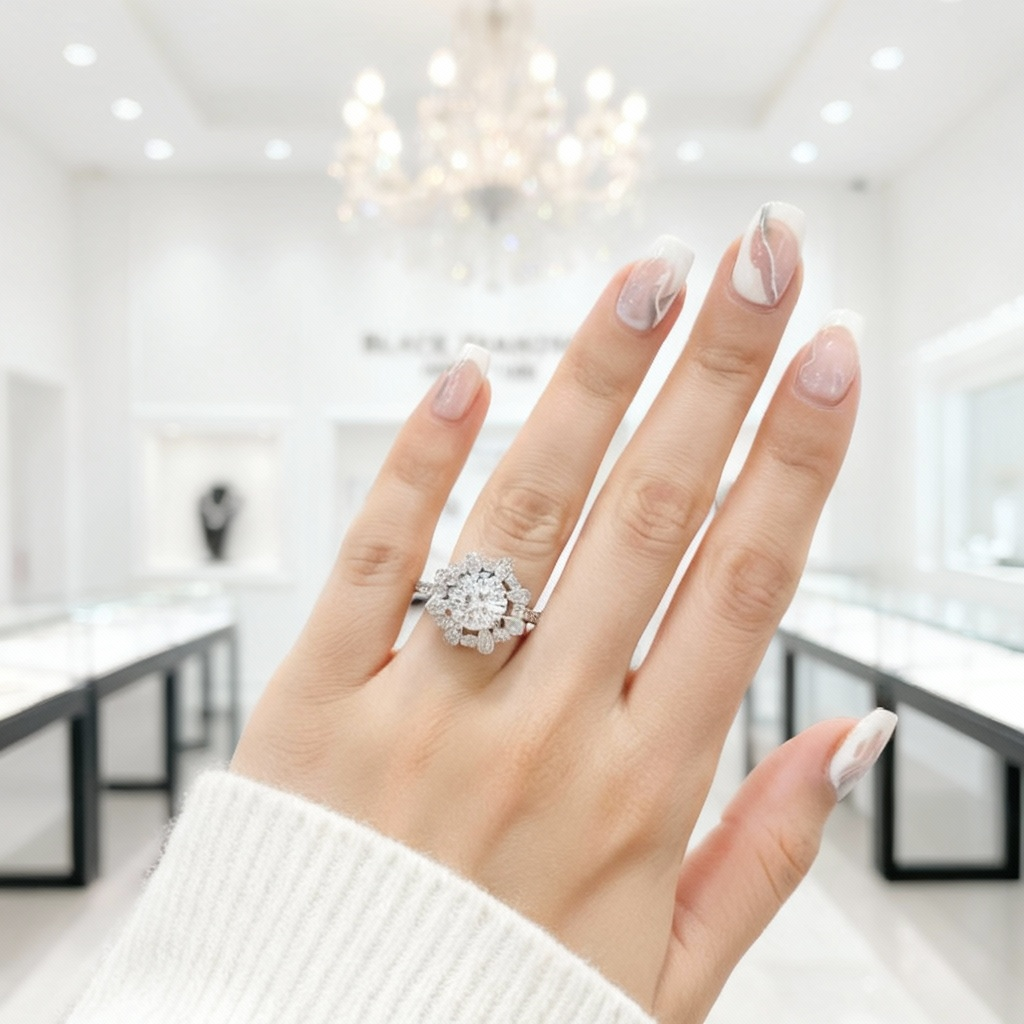 White Gold Sunflower 1.2ct Diamond Option Halo Engagement Ring-Black Diamonds New York