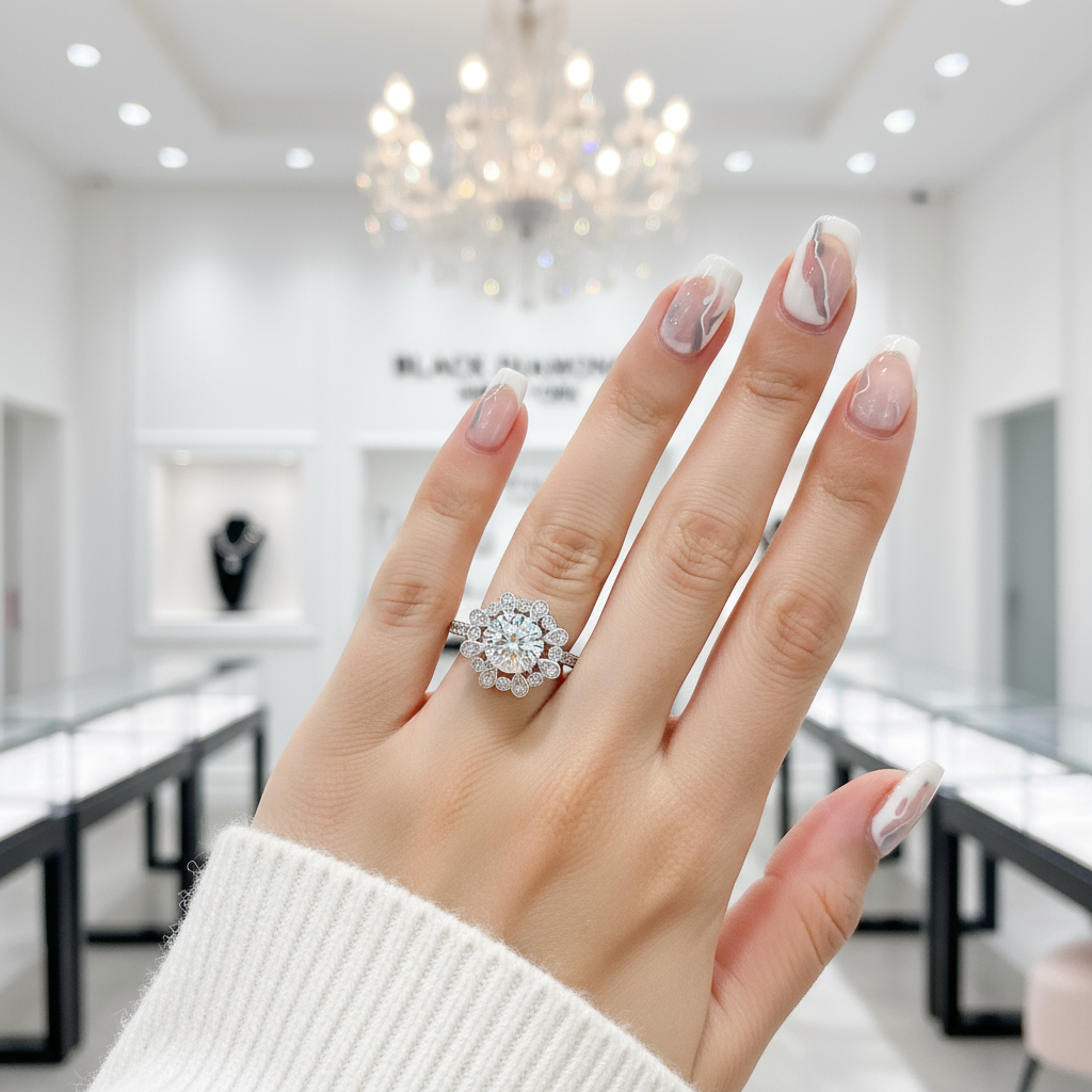 White Gold Sunflower 1.2ct Diamond Halo Engagement Ring-Black Diamonds New York