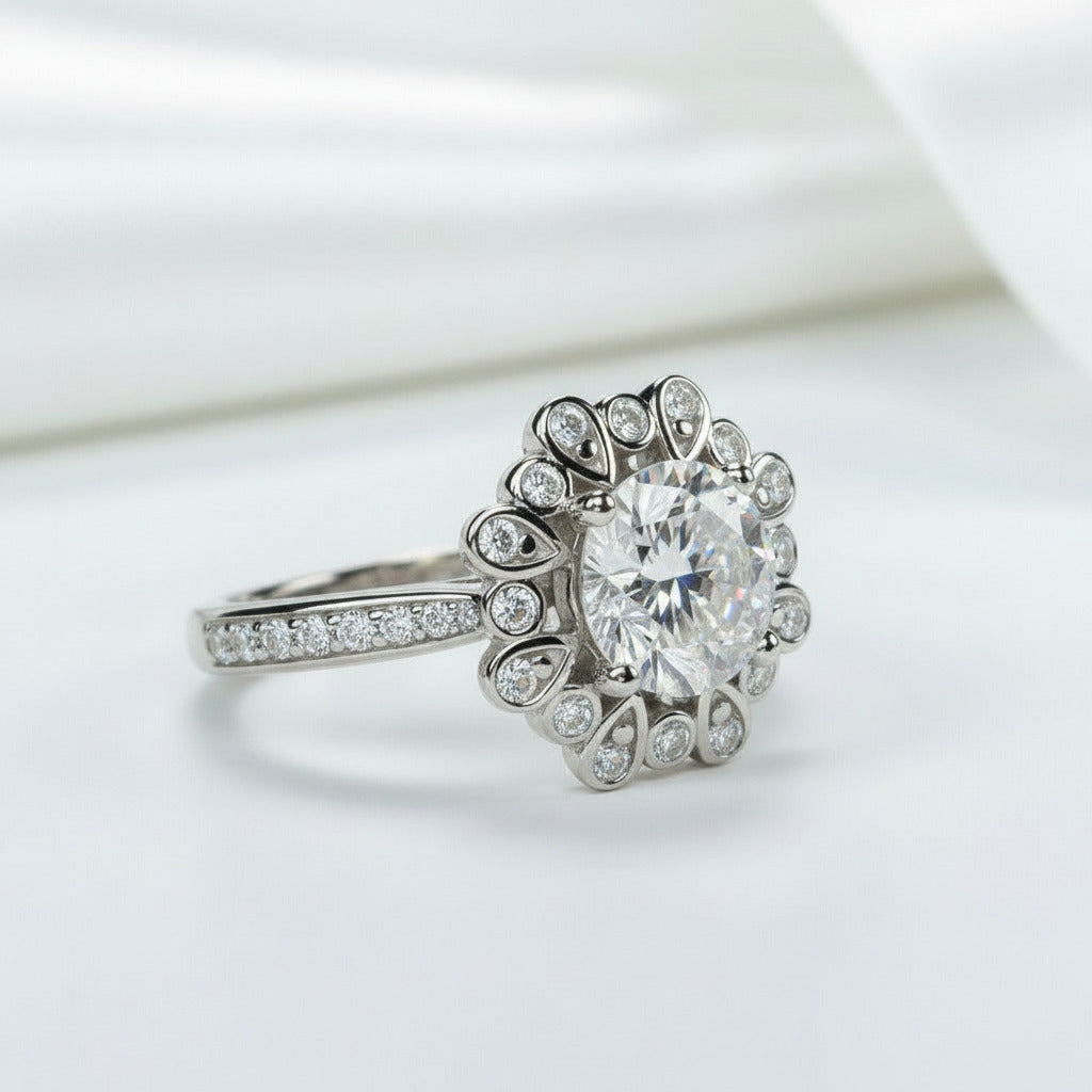 White Gold Sunflower 1.2ct Diamond Option Halo Engagement Ring-Black Diamonds New York