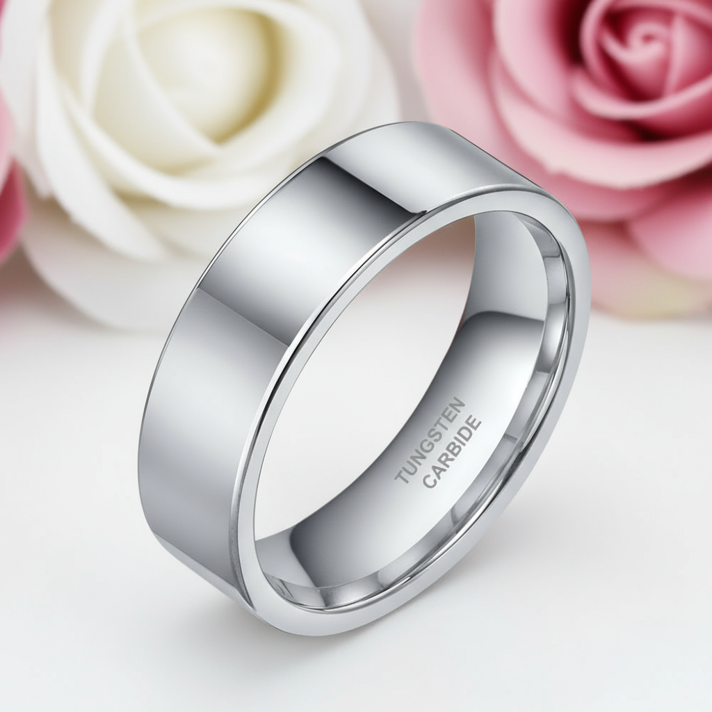 Flat 8mm Tungsten Carbide Wedding Band-Black Diamonds New York