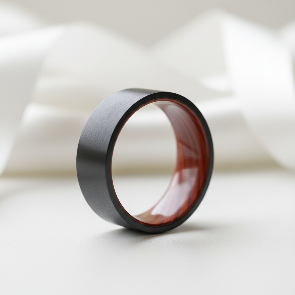 Flat Black Tungsten Wedding Band with Inner Red Sandalwood-Black Diamonds New York