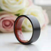 Flat Black Tungsten Wedding Band with Inner Red Sandalwood-Black Diamonds New York