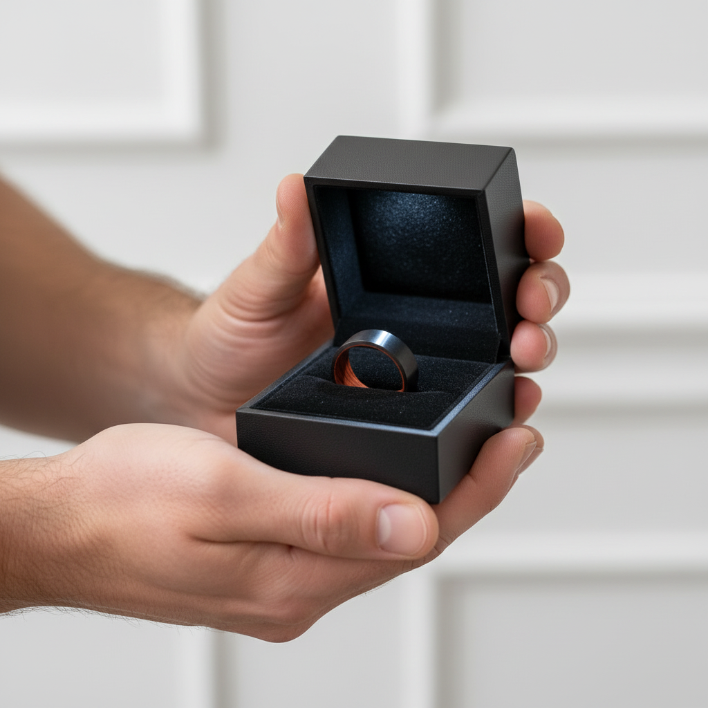 Flat Black Tungsten Wedding Band with Inner Red Sandalwood-Black Diamonds New York
