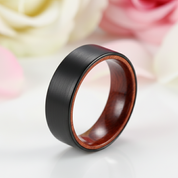 Flat Black Tungsten Wedding Band with Inner Red Sandalwood-Black Diamonds New York