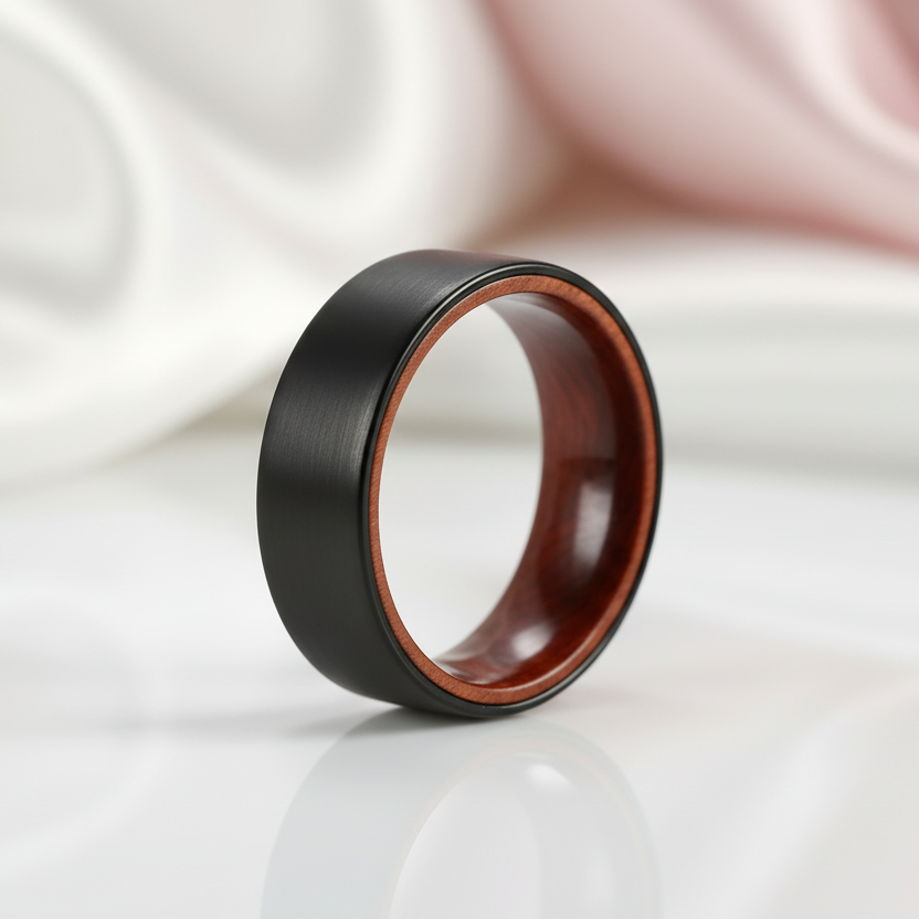 Flat Black Tungsten Wedding Band with Inner Red Sandalwood-Black Diamonds New York