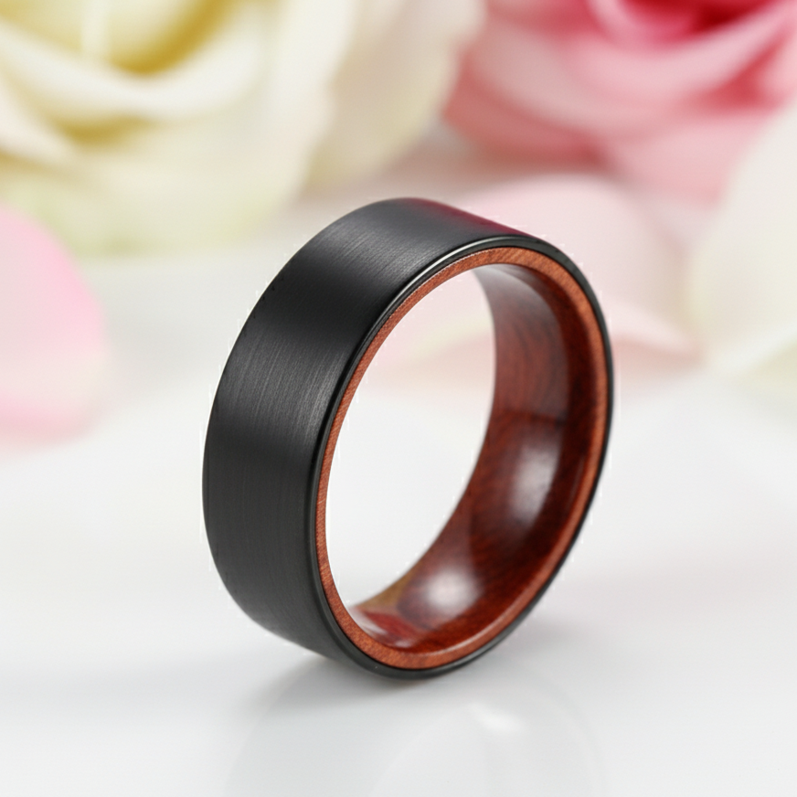 Flat Black Tungsten Wedding Band with Inner Red Sandalwood-Black Diamonds New York
