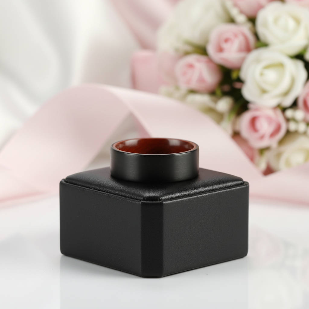 Flat Black Tungsten Wedding Band with Inner Red Sandalwood-Black Diamonds New York