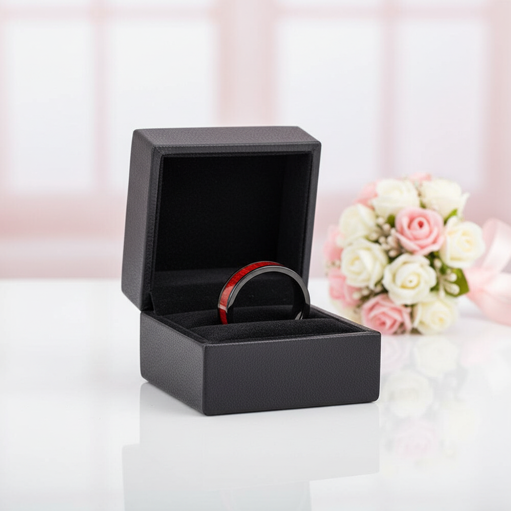 Flat Vintage Wooden Titanium Wedding Band-Black Diamonds New York
