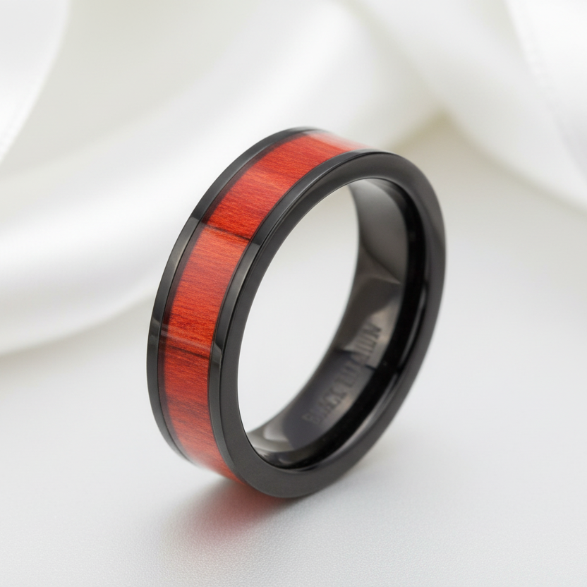 Flat Vintage Wooden Titanium Wedding Band-Black Diamonds New York