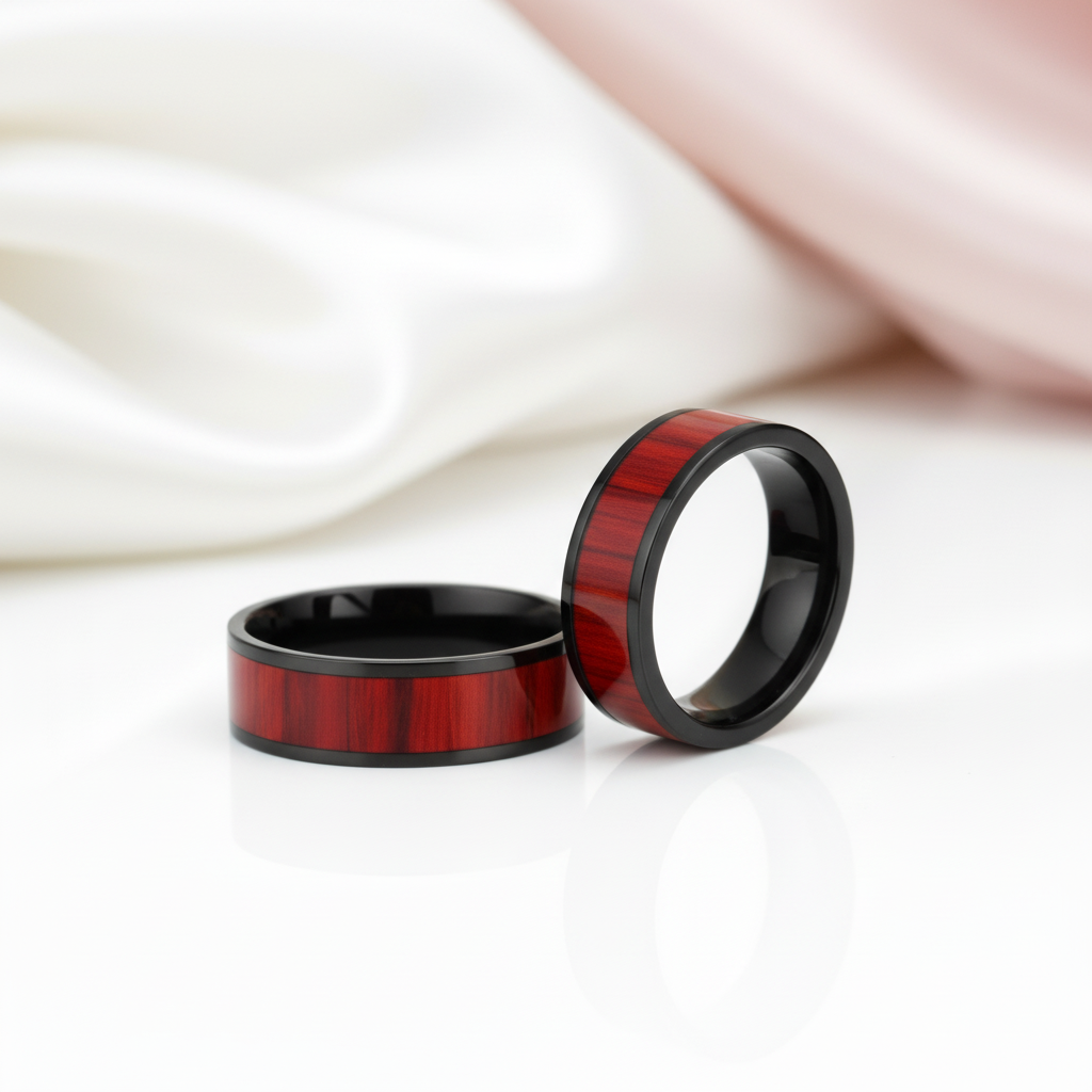 Flat Vintage Wooden Titanium Wedding Band-Black Diamonds New York