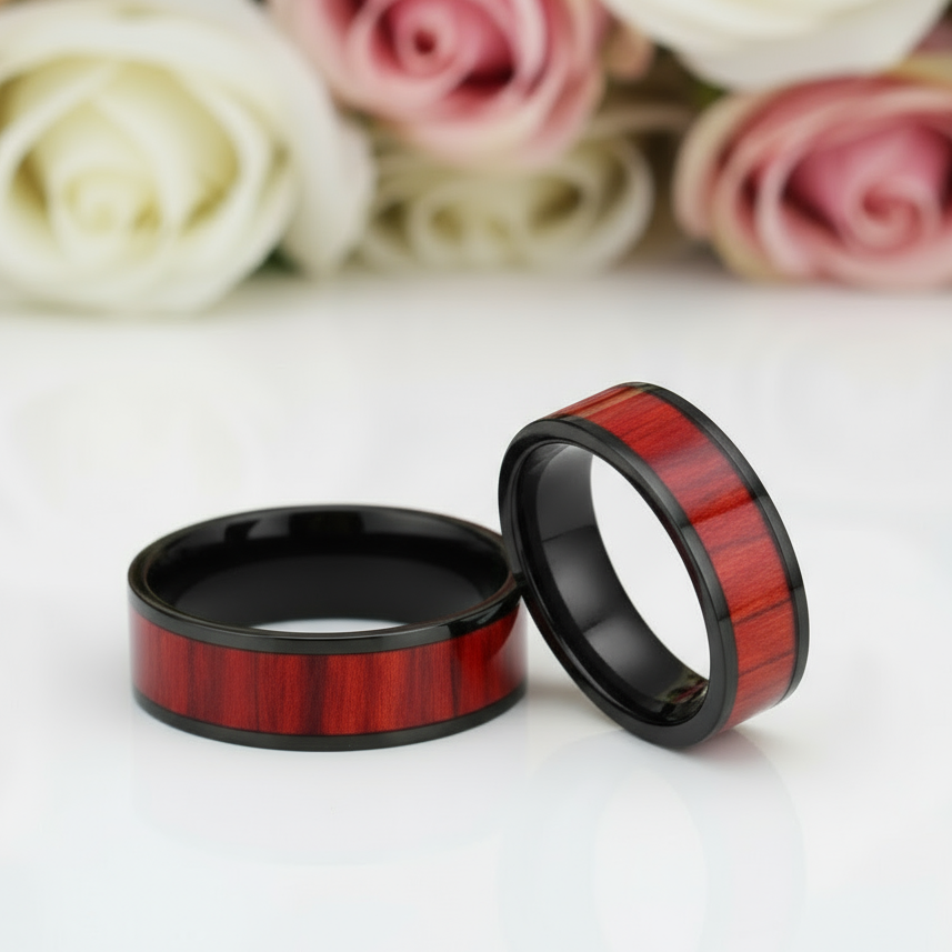 Flat Vintage Wooden Titanium Wedding Band-Black Diamonds New York