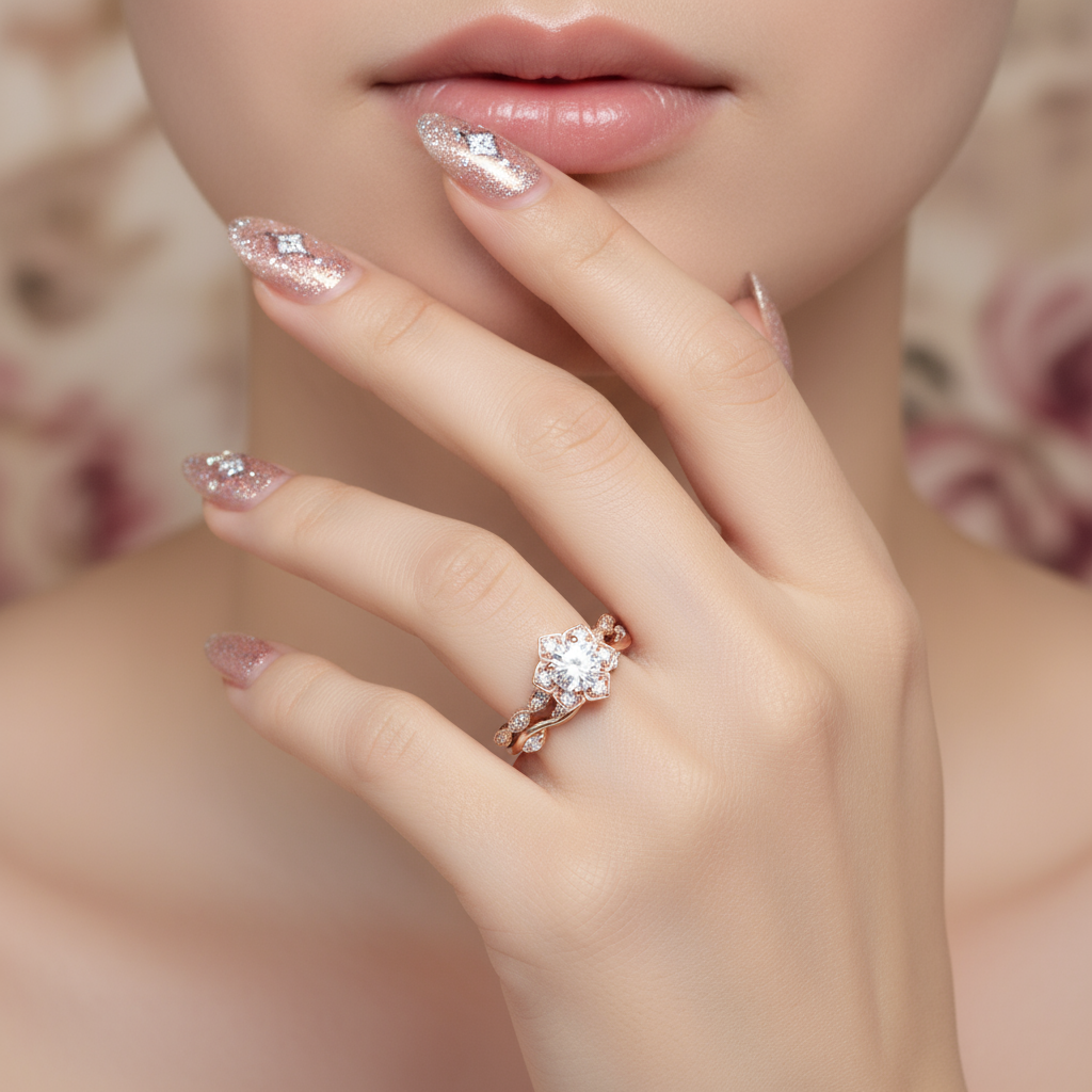 Flower 14k Rose Gold 0.5 Ct Round Cut Diamond Option Engagement Ring-Black Diamonds New York
