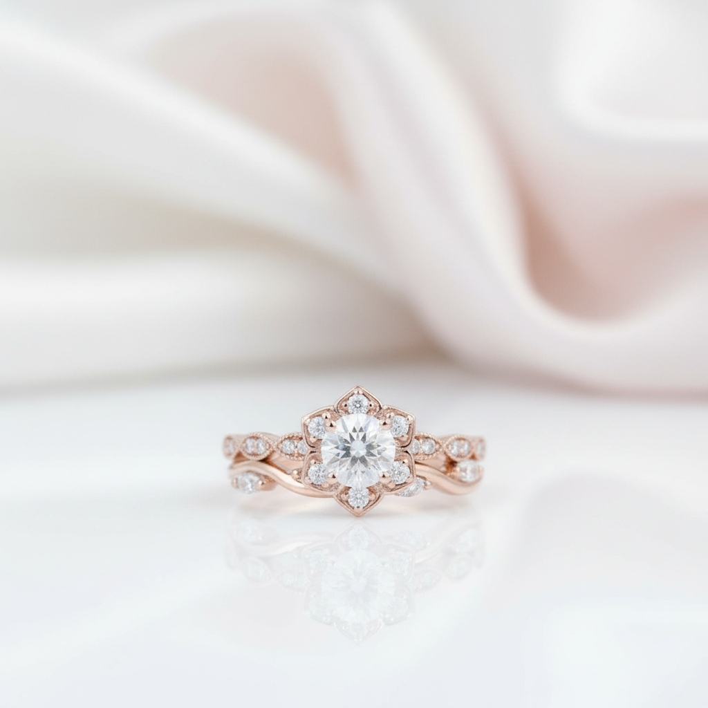 Flower 14k Rose Gold 0.5 Ct Round Cut Diamond Option Engagement Ring-Black Diamonds New York