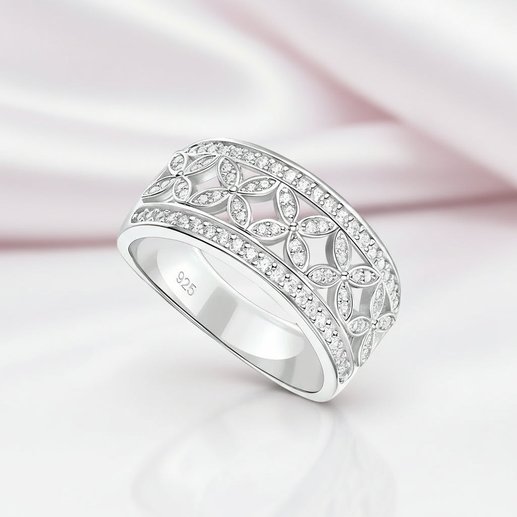Flower Art Deco Diamond Option Ring Band-Black Diamonds New York