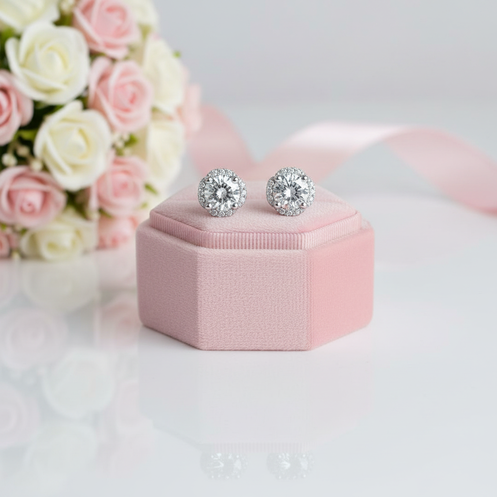 Flower Design Halo 1.0 Carat Round Cut Diamond Option Stud Earrings-Black Diamonds New York