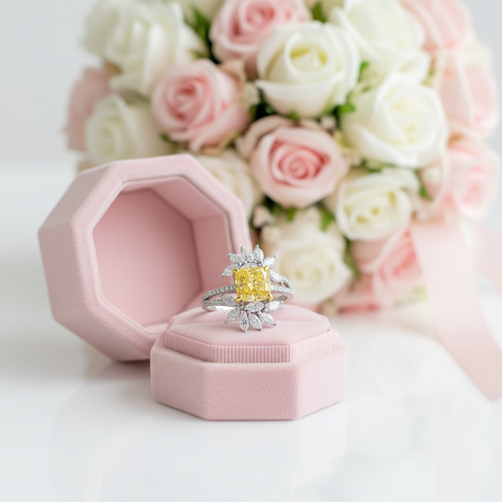 Flower Design Radiant Cut Yellow Sapphire Engagement Ring-Black Diamonds New York