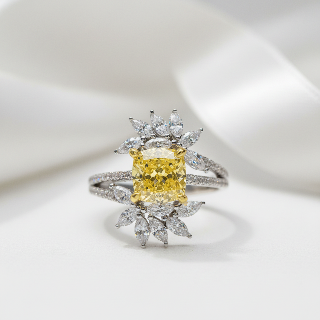 Flower Design Radiant Cut Yellow Sapphire Engagement Ring-Black Diamonds New York