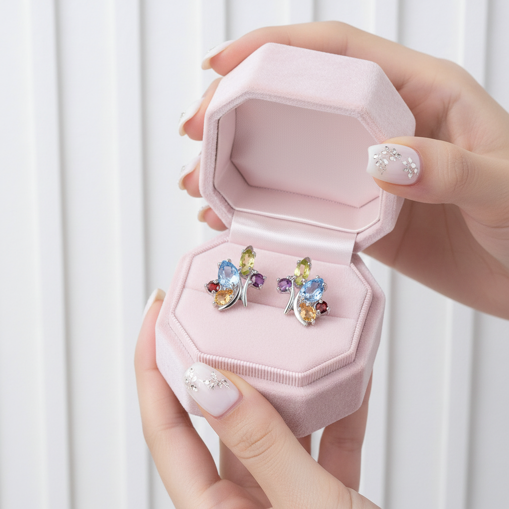 Flower Multicolor Gemstone Stud Earring-Black Diamonds New York