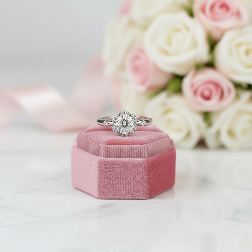 Diamond ring on a pink velvet box with flowers in the background