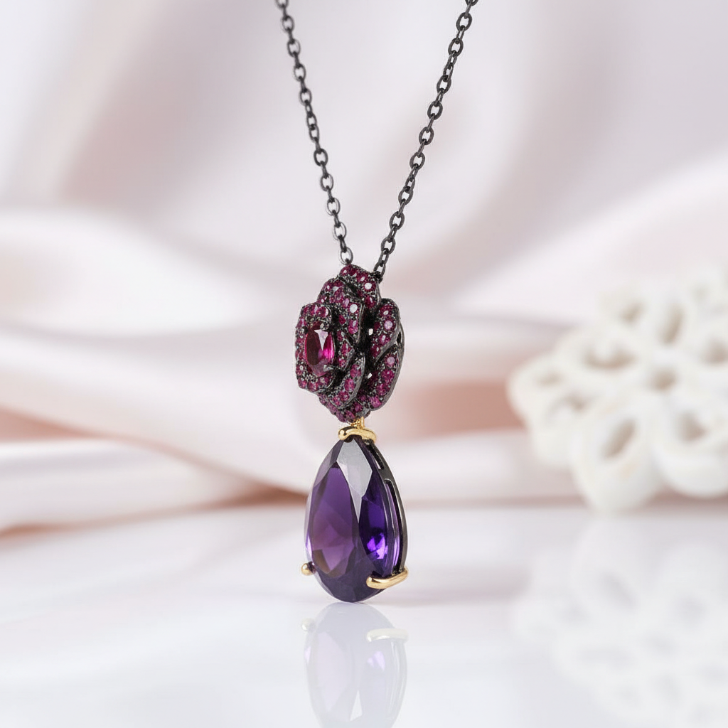Jewelry necklace with purple teardrop pendant and red gemstones on a soft background