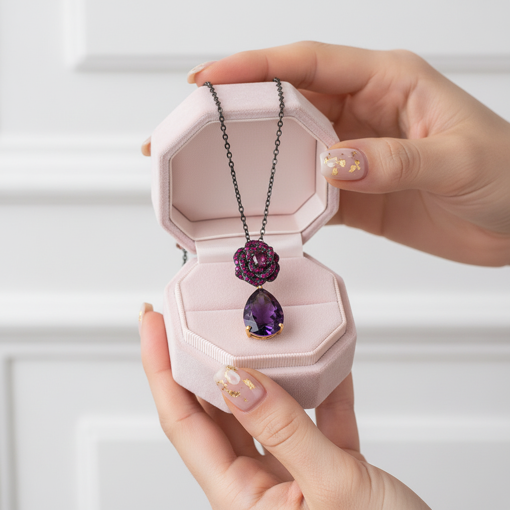 Purple floral necklace in a pink jewelry box held by hands with light nail polish.