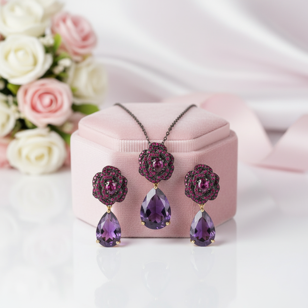 Flower Rose Amethyst Jewelry Set-Black Diamonds New York